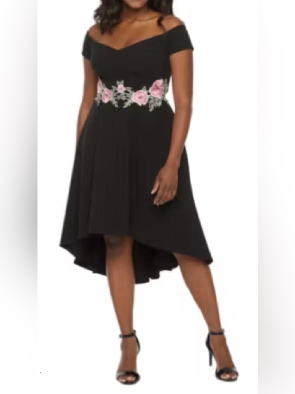 Off-Shoulder Black High-Low Dress with Pink Floral Waist Embroidery